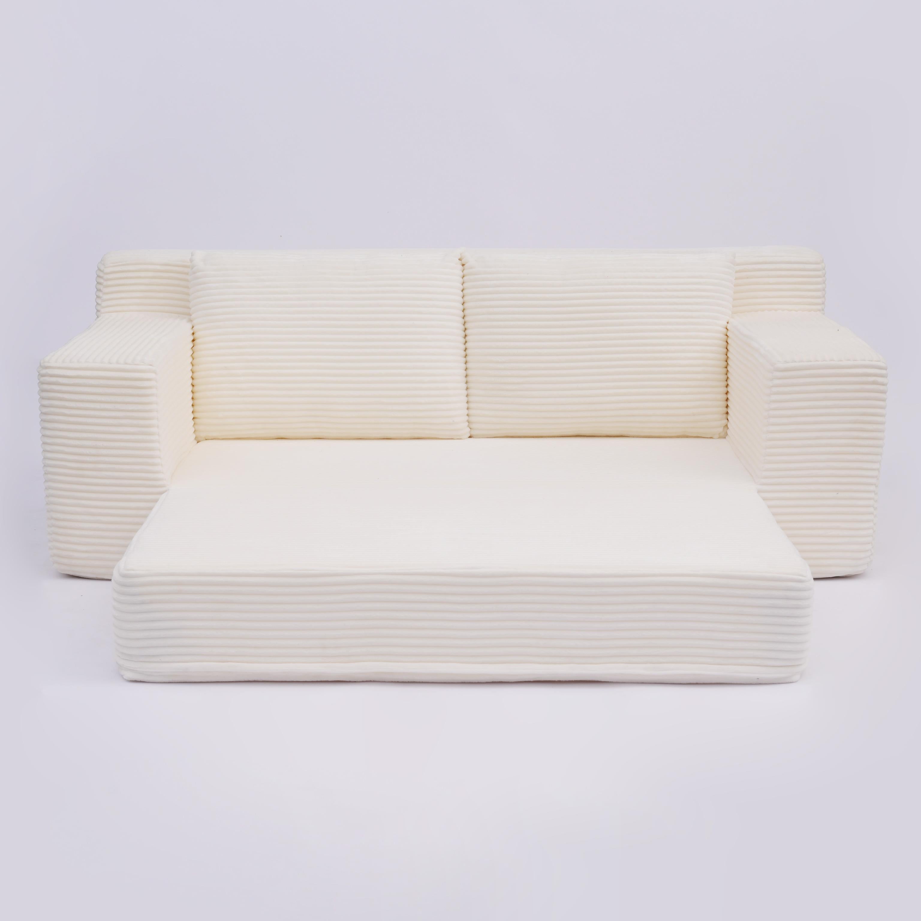 Loveseat Sofa, Comfortable Deep Seat Sofa Bed, Modern Small Corduroy Couch For Living Room Bedroom,Reversible Cushion With Pillows,No Assembly Required,White