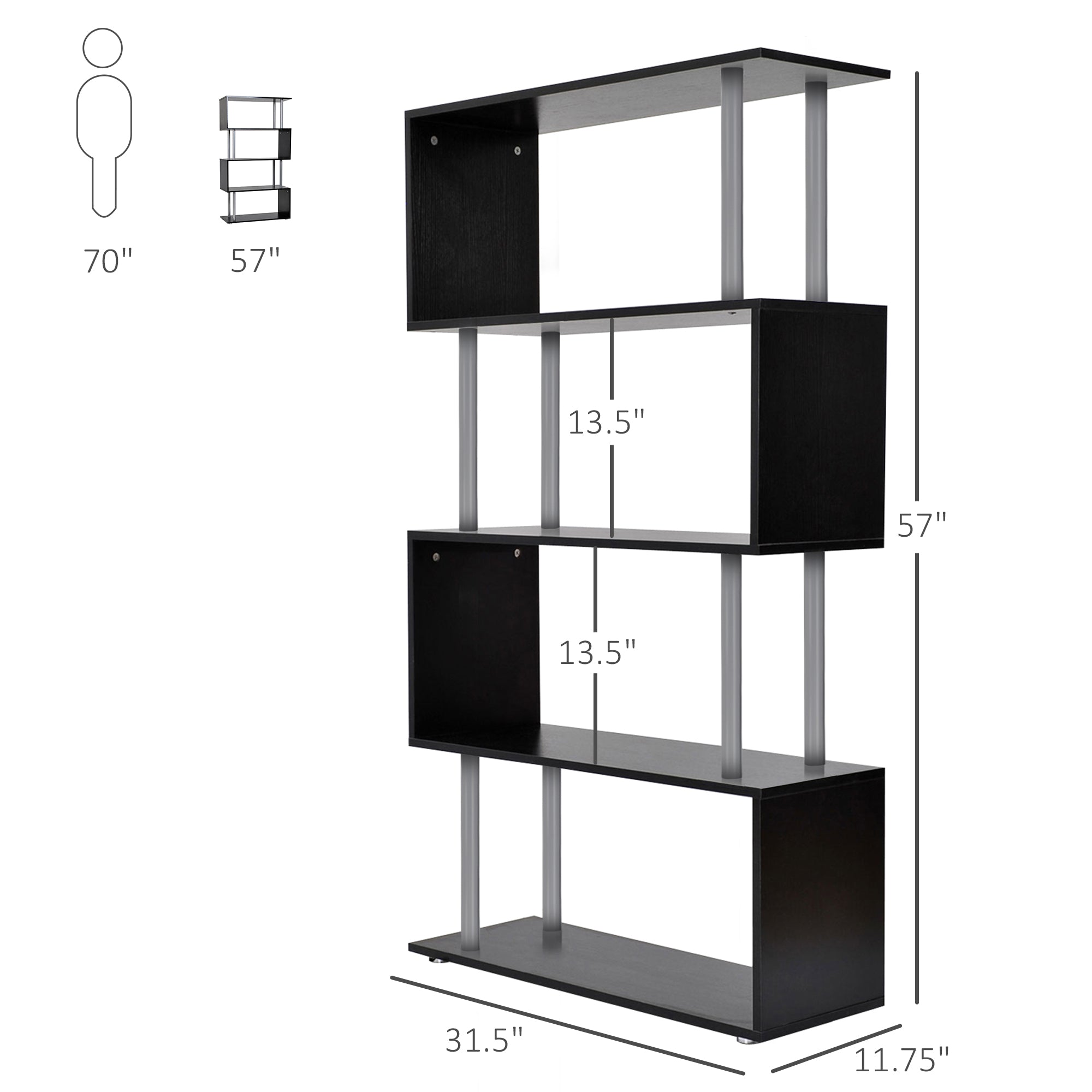 5-Tier Bookcase S-Shaped Wooden Storage Shelf Modern Decorative For Home And Office Black